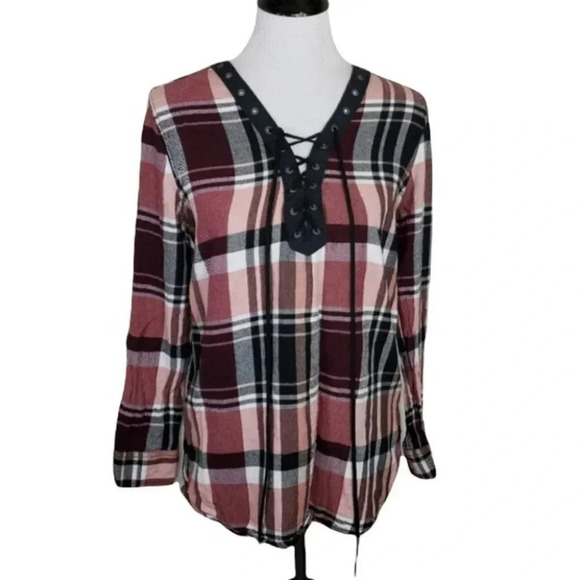 Arizona M pink/ black/white plaid‎ lace up tunic - Picture 1 of 5